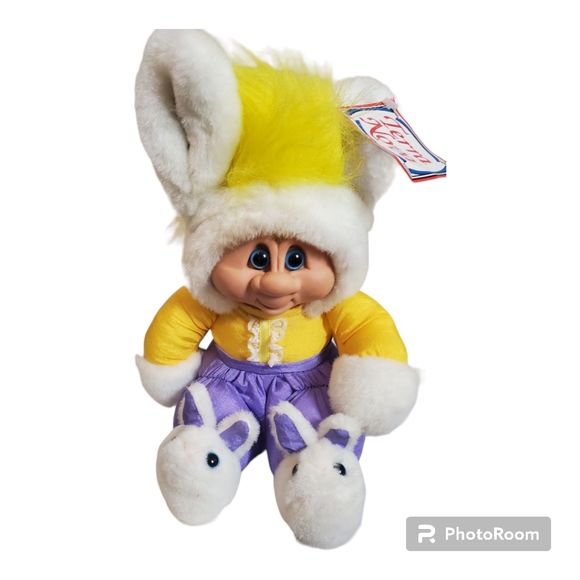 Vintage 1992 Easter BUNNY TROLL plush doll, 90s yellow hair troll with Bunny ear - Picture 6 of 9